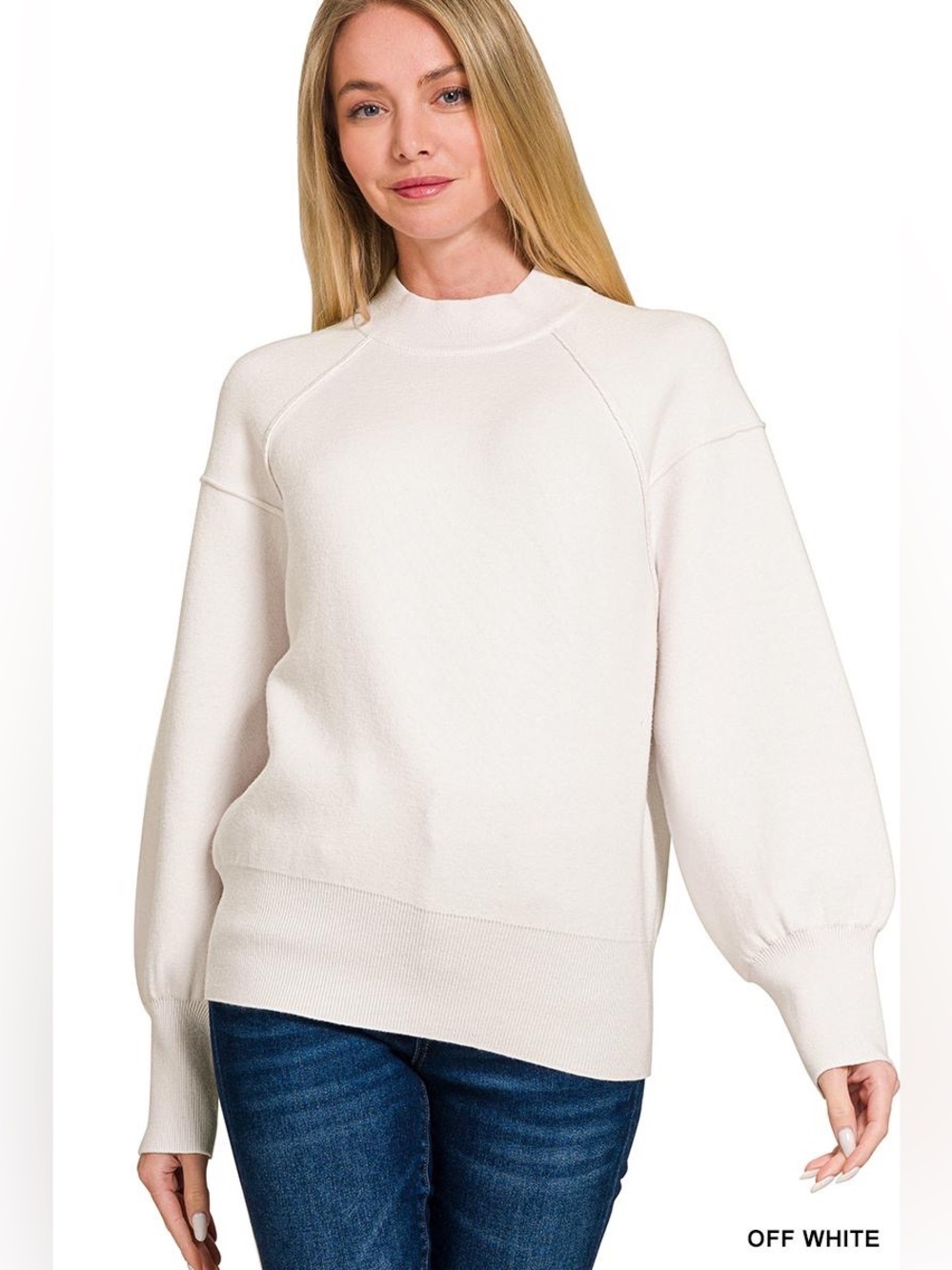 Zenana Viscose Mock Neck Exposed Seam Sweater in Off White